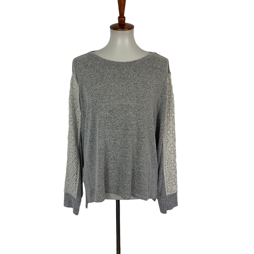 Flora Nikrooz Gray Knit Top L Lace Sleeve Pullover Loungewear Casual Cozy Shirt
